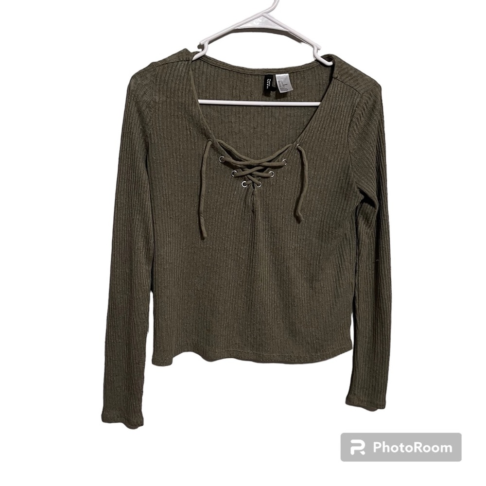 DIVIDED olive green long sleeved v-Neck/tie up shirt size small